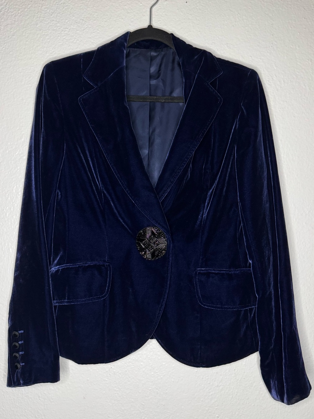 Anne Klein Navy Blue Velvet Single-Button Blazer Jacket Sz M